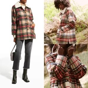 The Great. The Cabinmate Toggle Jacket Faux Shearling Greenwood Plaid size 0 XS